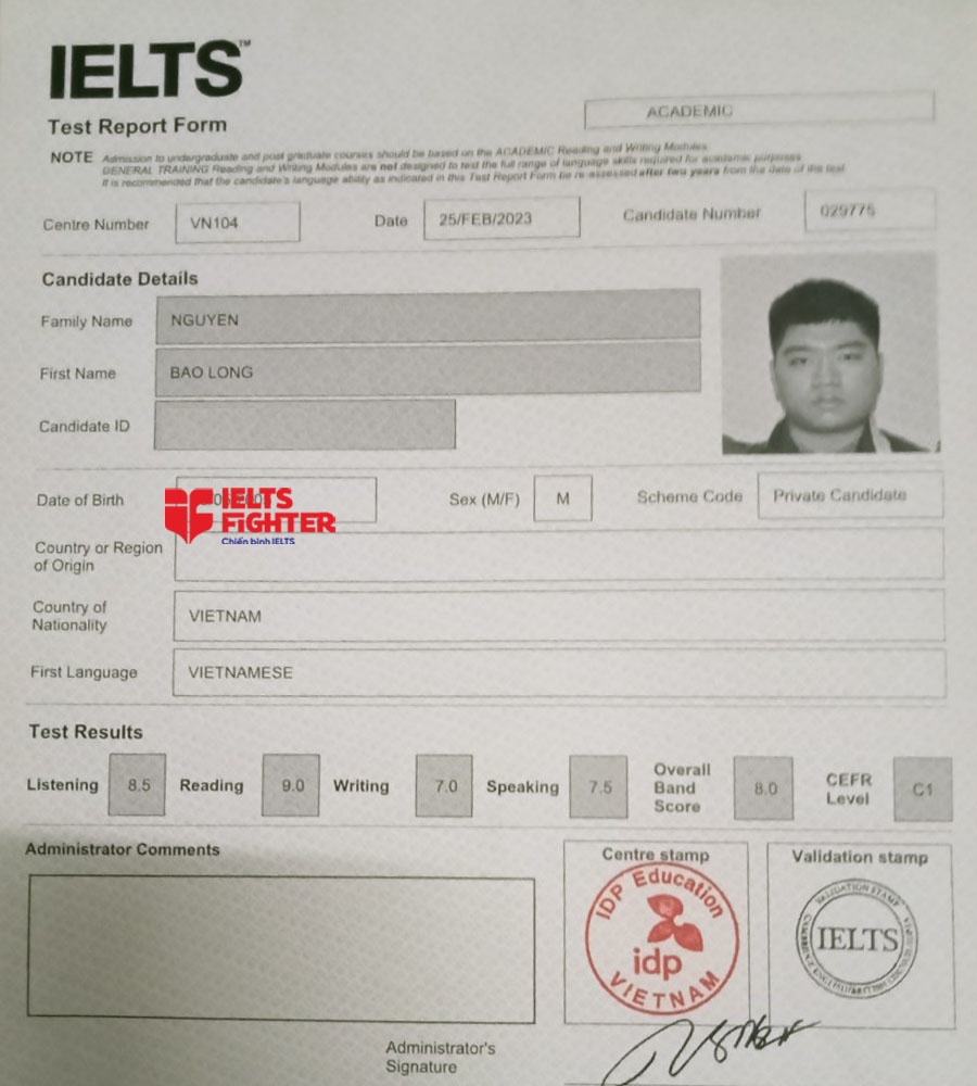 bảng điểm bảo long 8.0 IELTS
