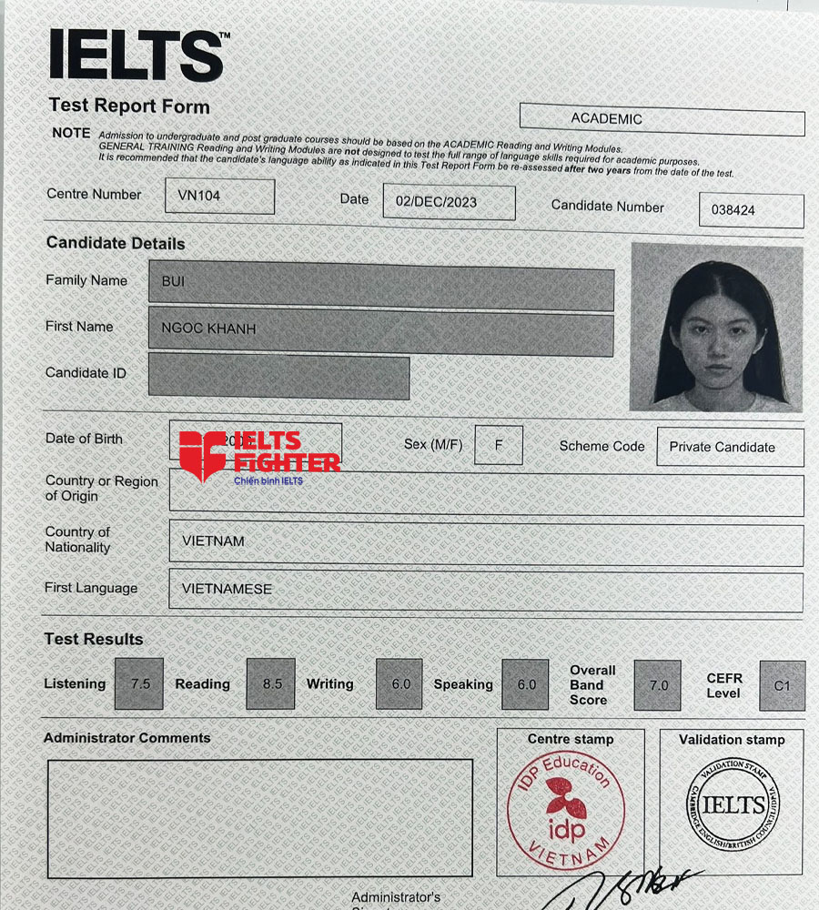 bảng điểm Bảo Kh&aacute;nh 7.0 IELTS