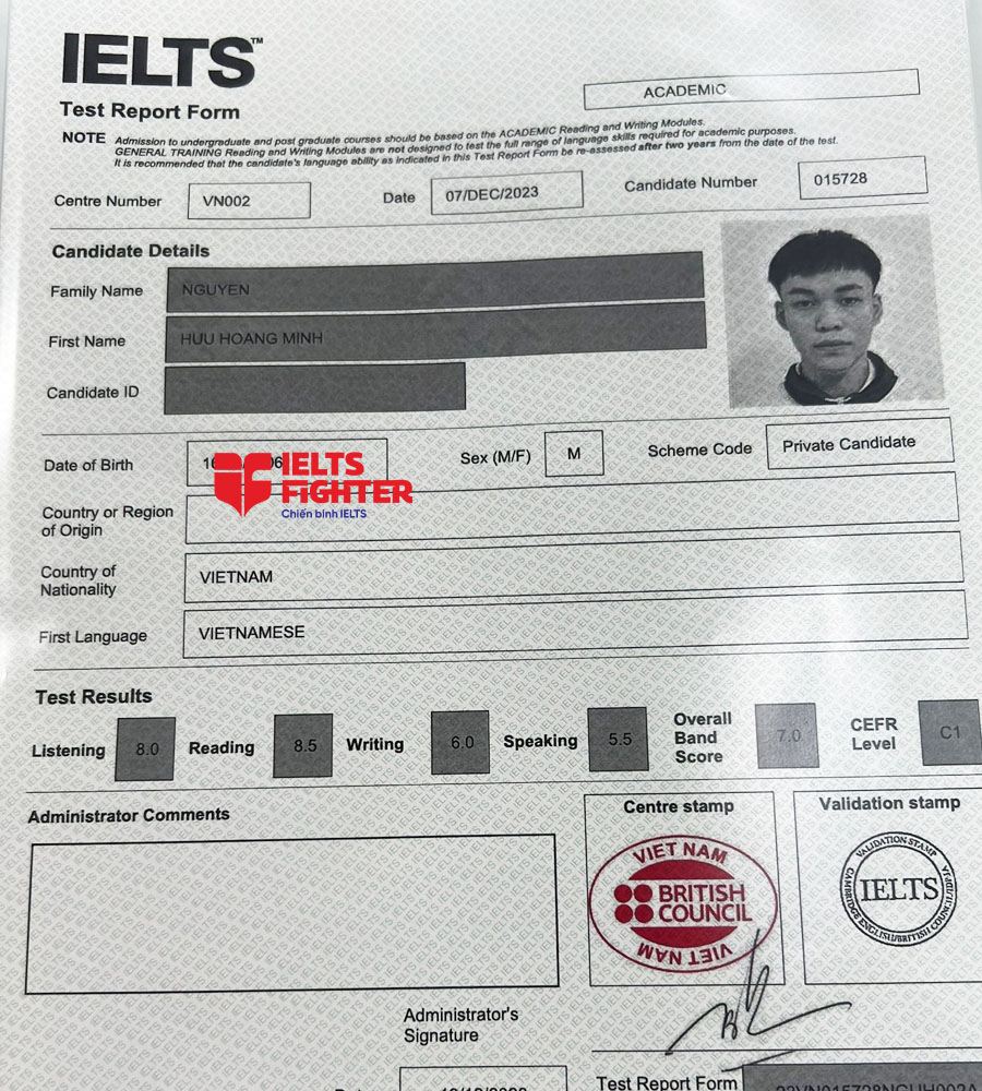 bảng điểm Ho&agrave;ng Minh 7.0 IELTS