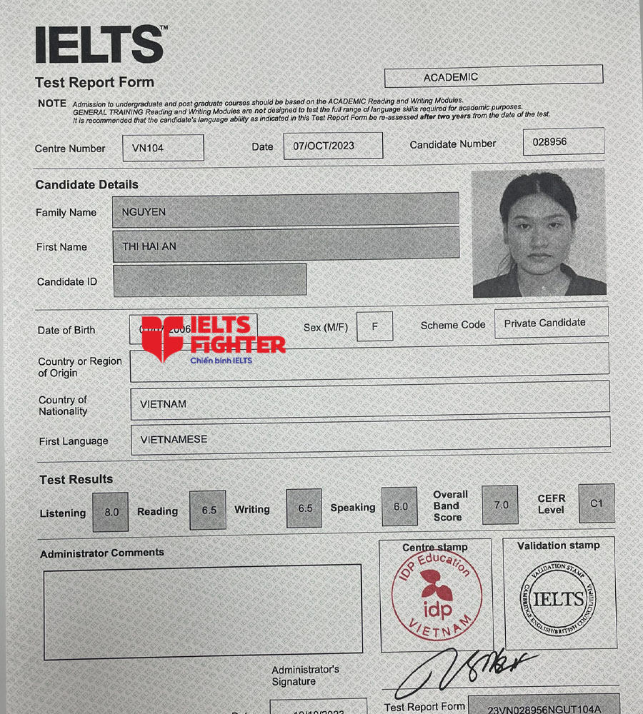 bảng điểm Hải an 7.0 IELTS