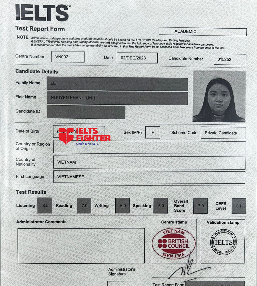 bảng điểm Kh&aacute;nh Linh 7.0 IELTS