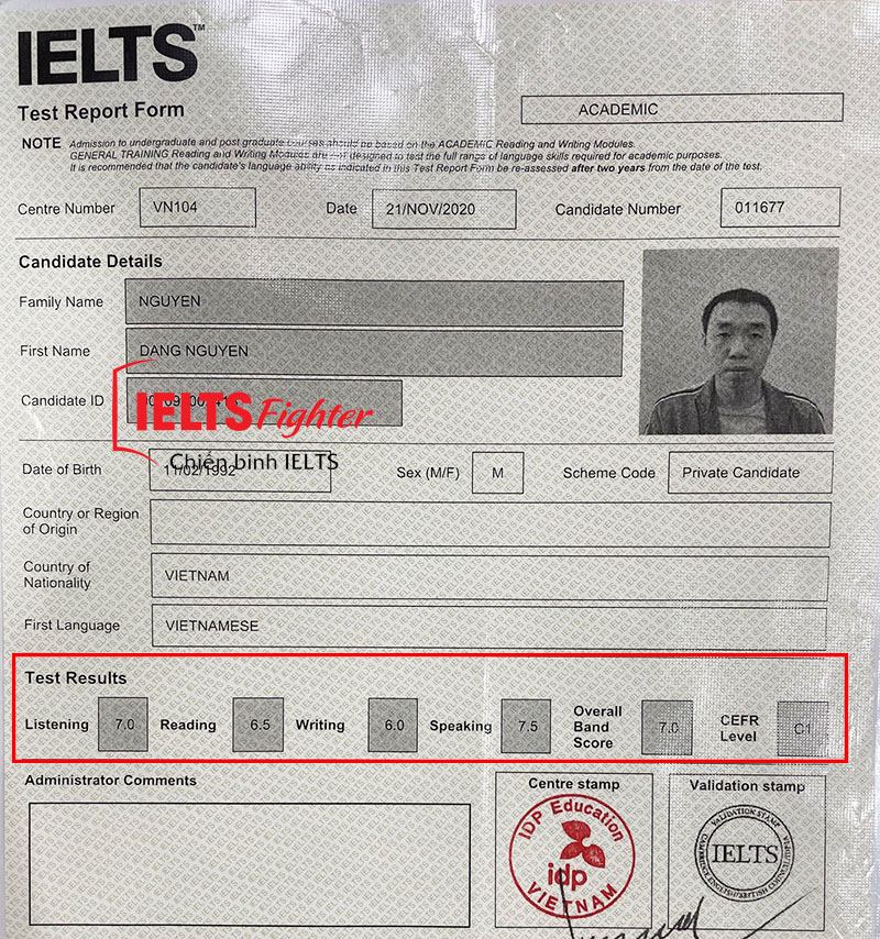 Bảng điểm của Nguyên