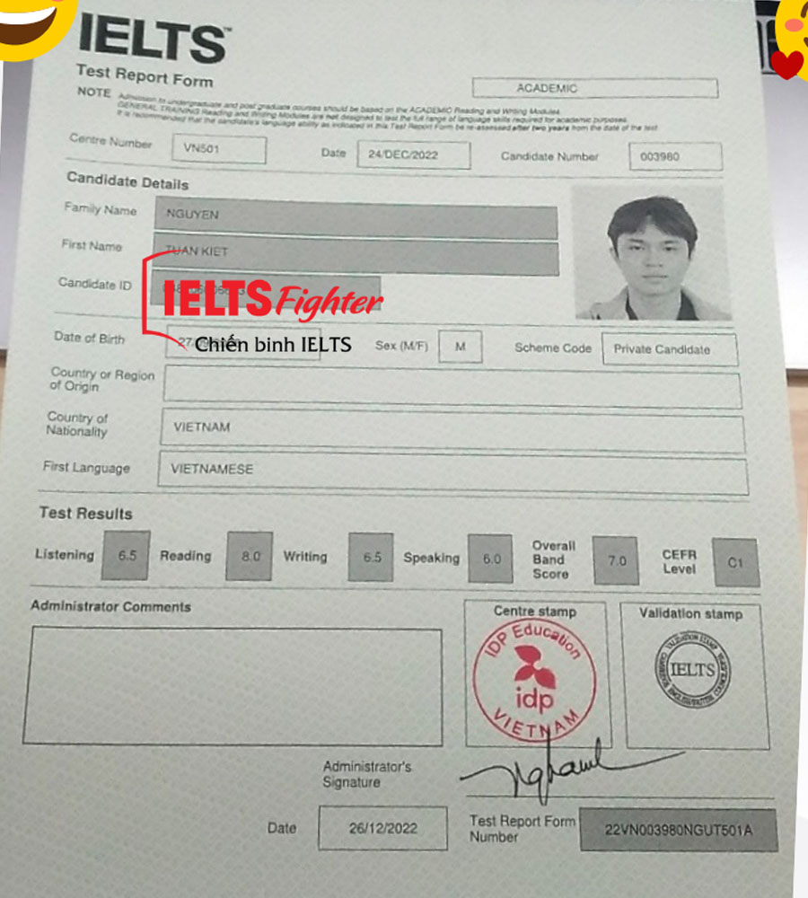 bảng điểm Tuấn Kiệt 7.0 IELTS