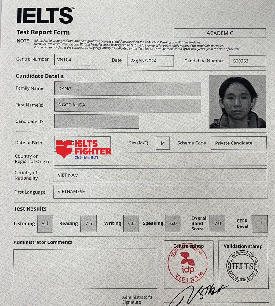 bảng điểm đăng khoa 7.0 IELTS