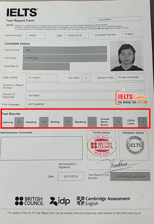 Bảng điểm của Lâm Uyển Kiều - IELTS fighter