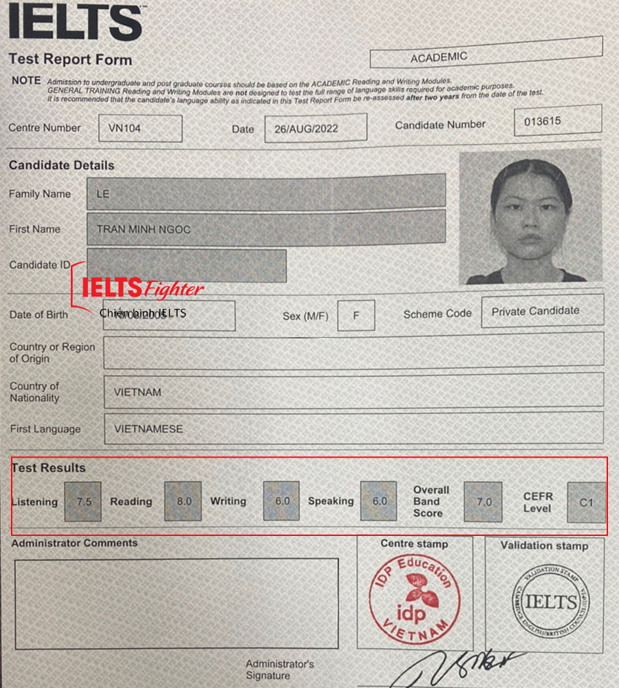 bảng điểm minh ngọc 7.0 ielts