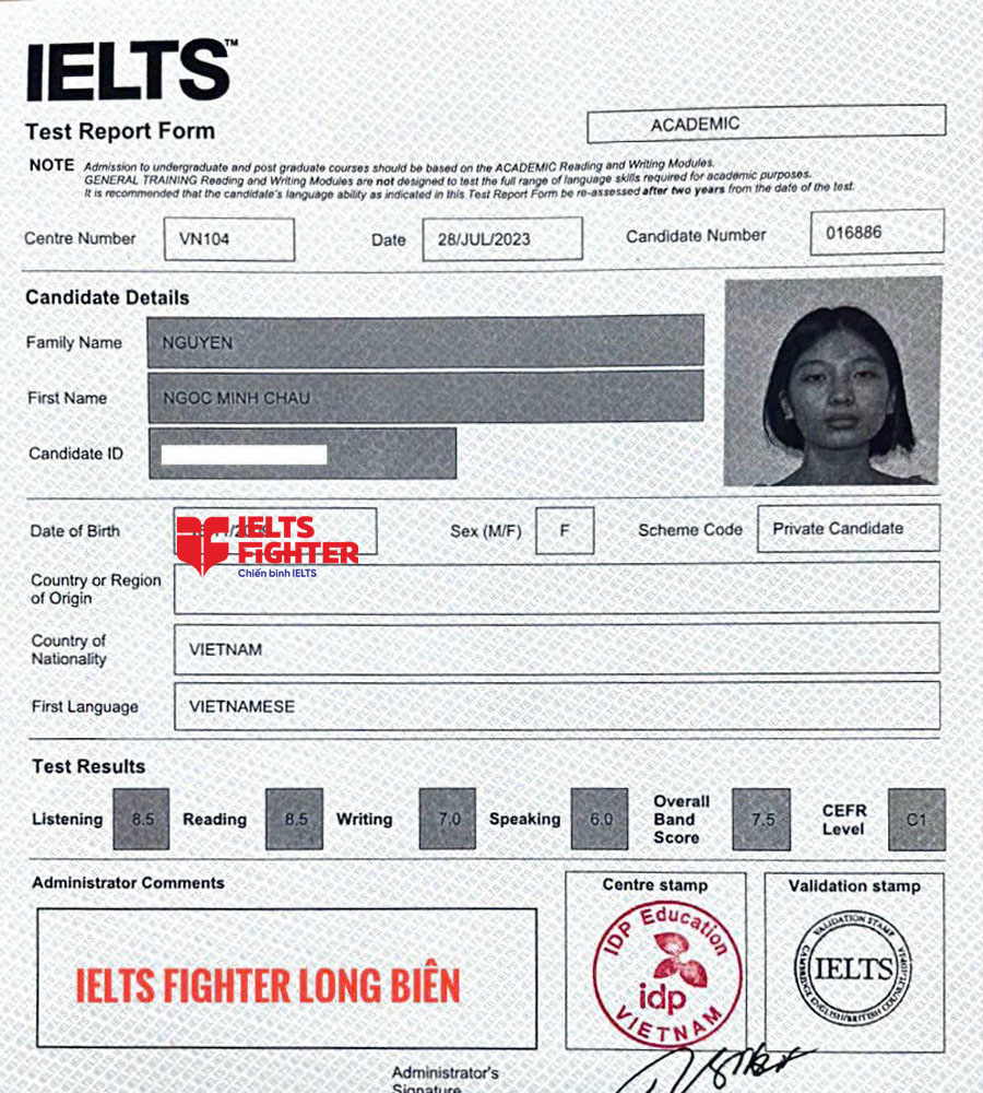bảng điểm Minh ch&acirc;u 7.0 IELTS 