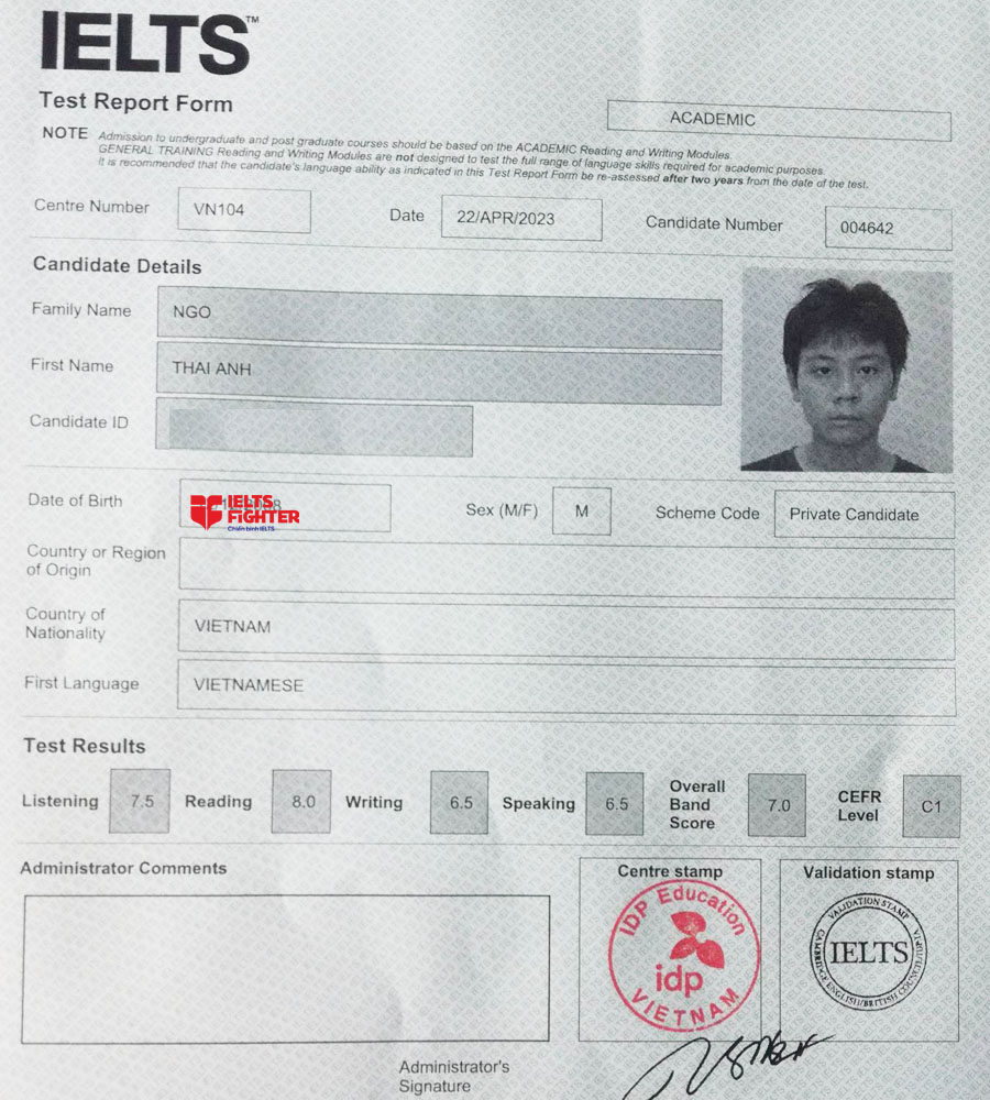 bảng điểm th&aacute;i anh 7.0 IELTS