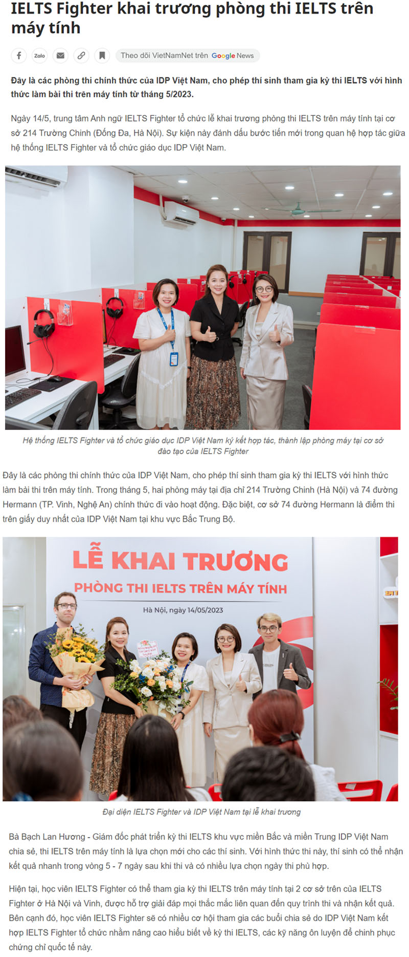 Vietnamnet đưa tin về ph&ograve;ng thi IELTS tr&ecirc;n m&aacute;y t&iacute;nh của IDP