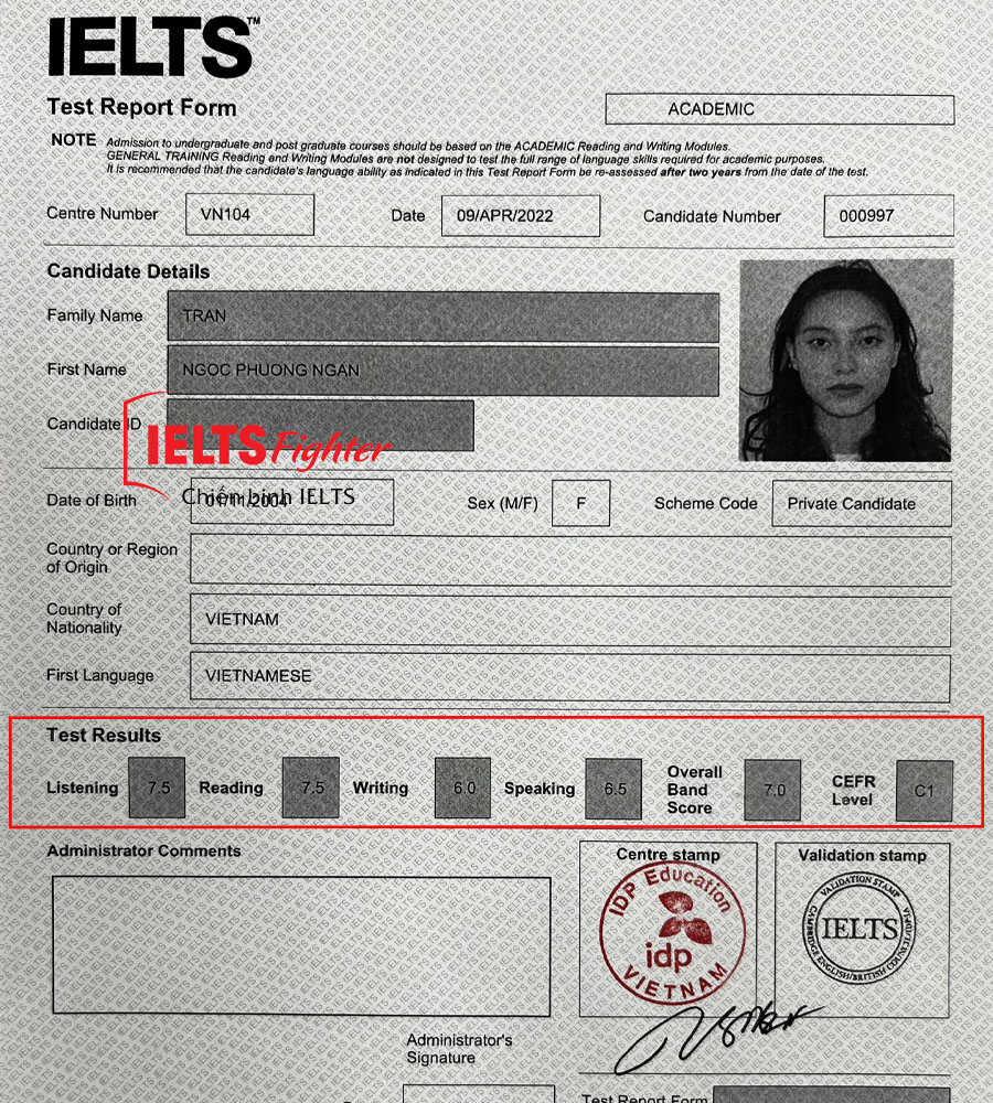 bảng điểm Phương Ng&acirc;n 7.0 IELTS