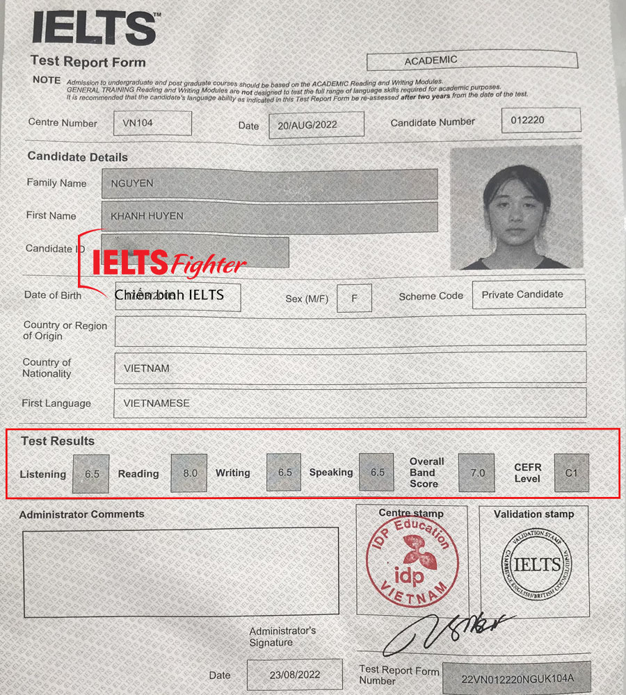 bảng điểm Kh&aacute;nh Huyền 7.0 IELTS