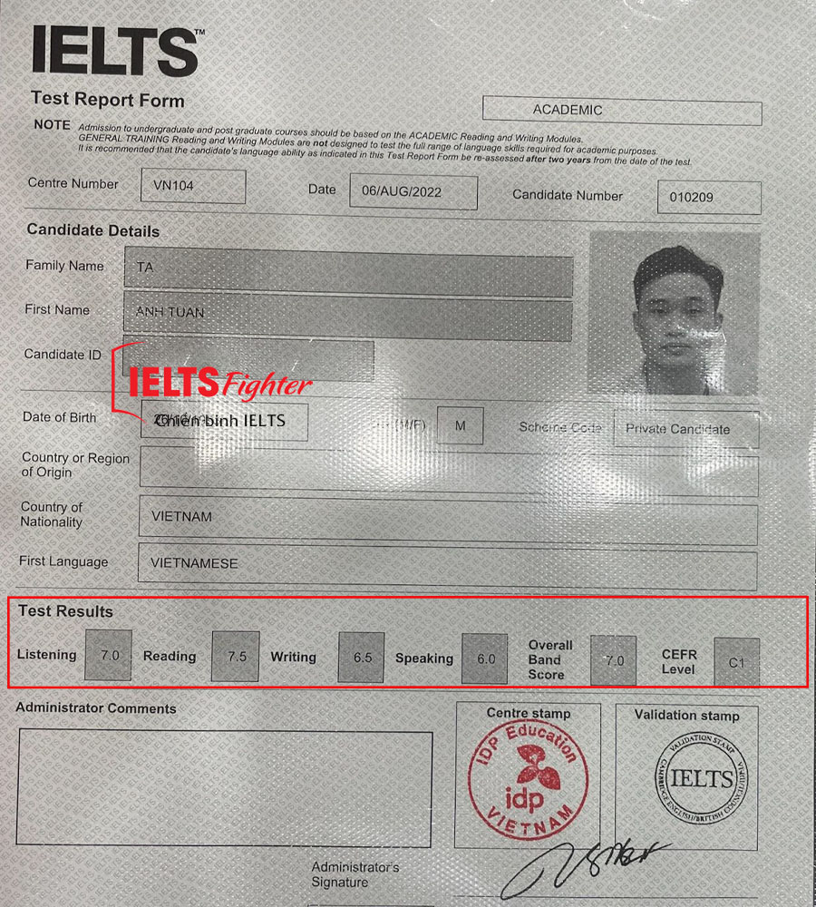 bảng điểm Anh tuấn 7.0 IELTS