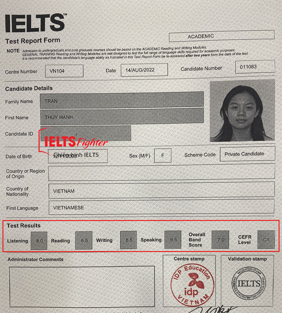 bảng điểm Trần Th&uacute;y Hạnh 7.0 IELTS