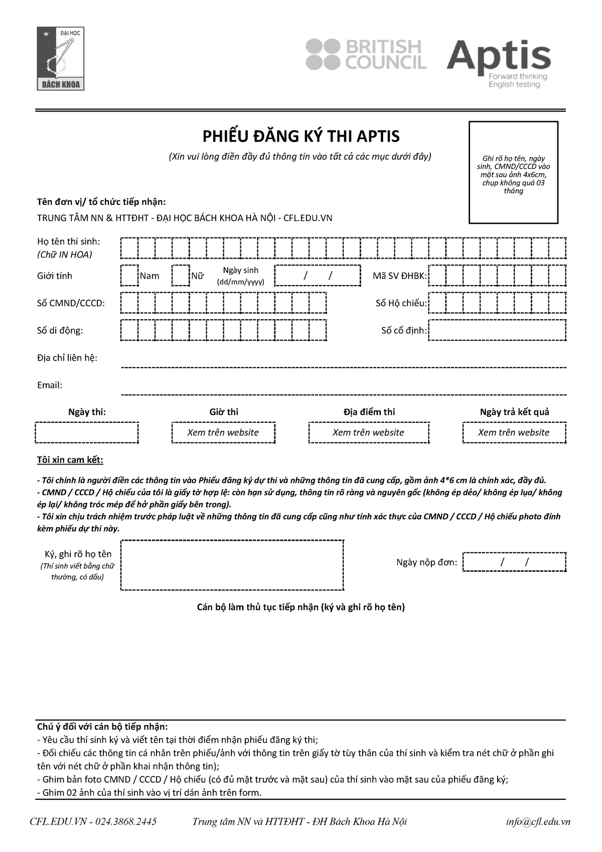 Phiếu đăng k&yacute; thi chứng chỉ APTIS