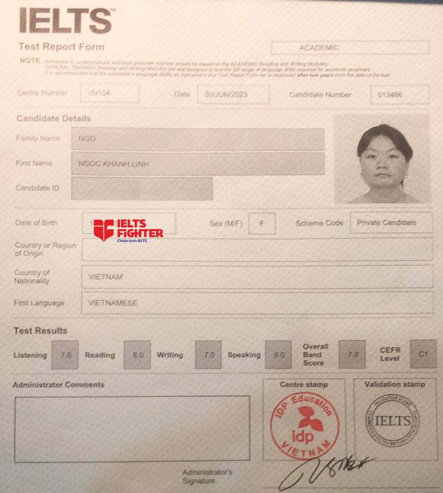 bảng điểm Kh&aacute;nh Linh 7.0 IELTS