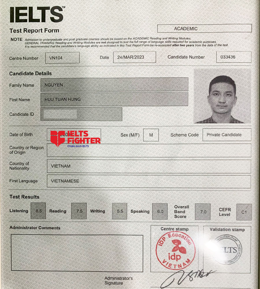 bảng điểm Nguyễn Hữu Tuấn H&ugrave;ng 7.0 IELTS