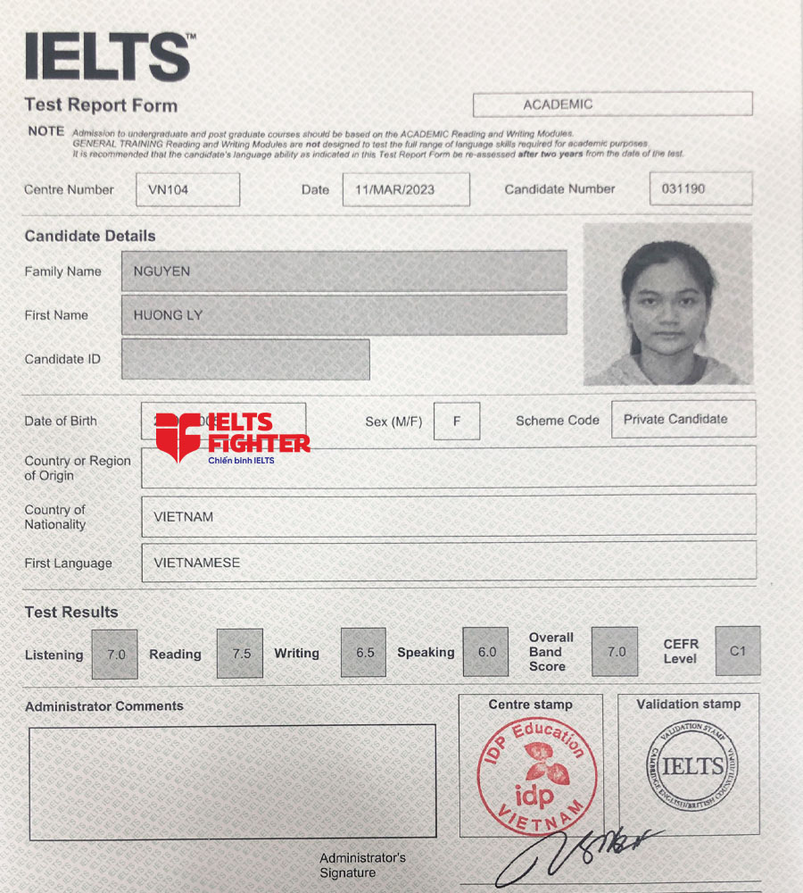 bảng điểm hương ly 7.0 IELTS