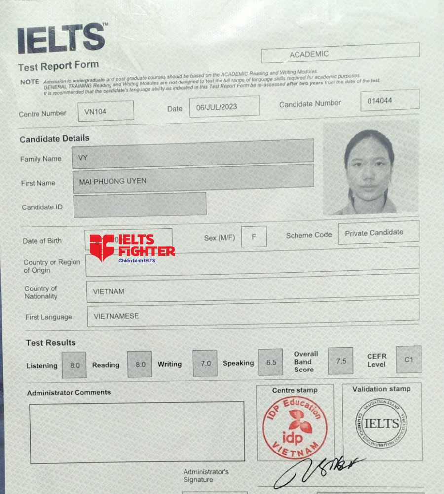 bảng điểm Phương uy&ecirc;n 7.5 IELTS