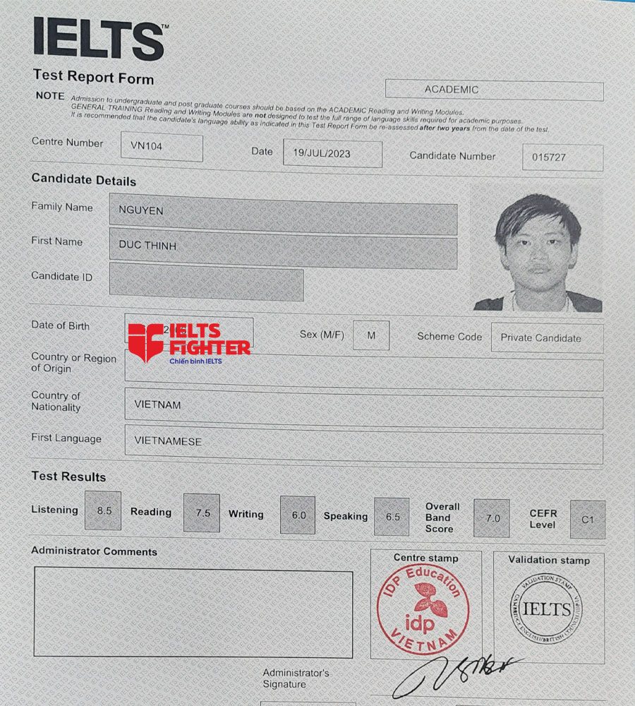 bảng điểm Nguyễn Đức Thịnh 7.0 ielts