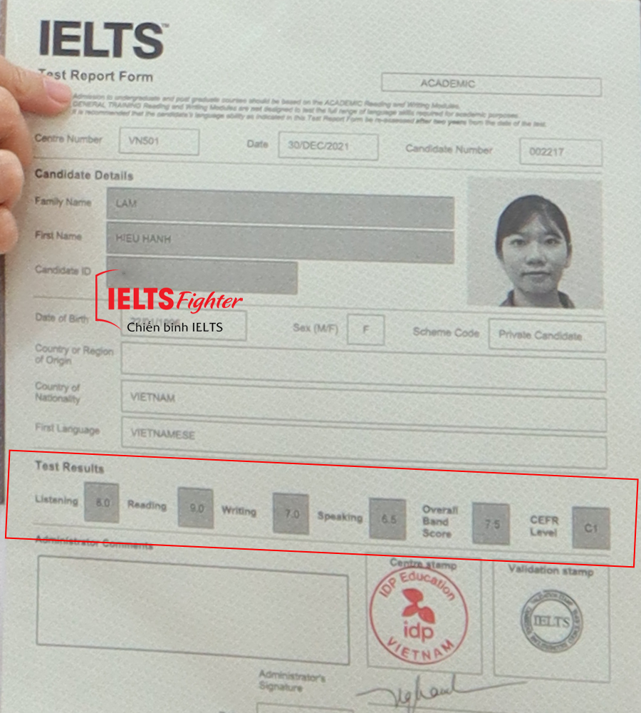 bảng điểm Hiếu Hạnh 7.5 IELTS