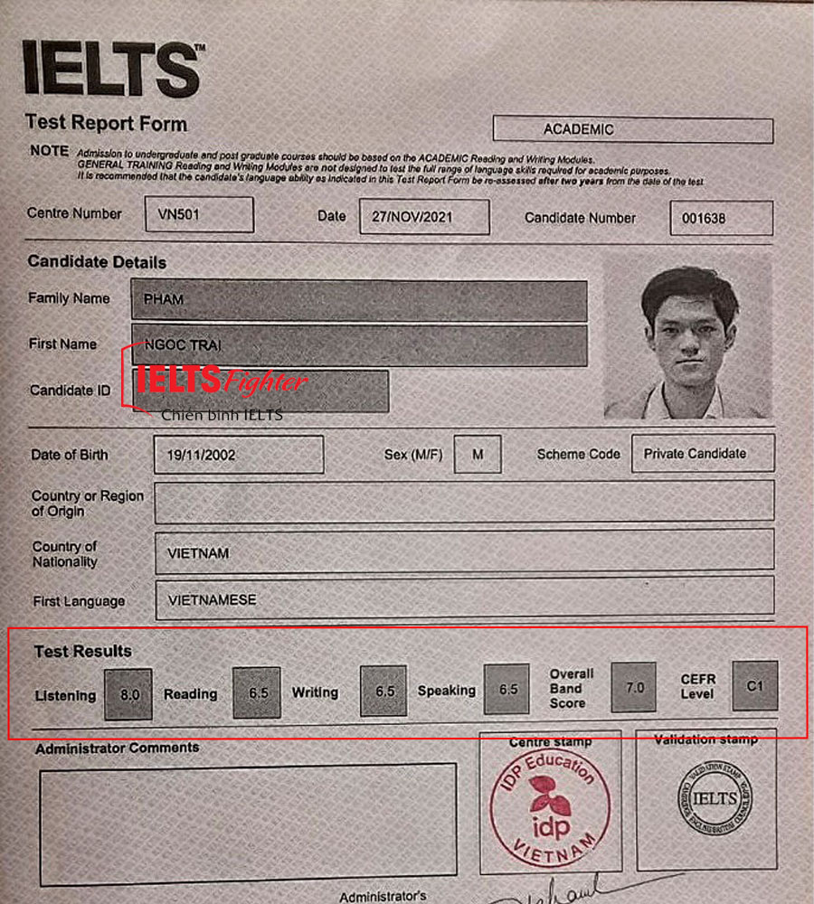 bảng điểm Ngọc trai 7.0 IELTS