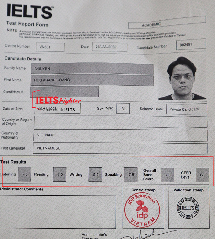 bảng điểm Kh&aacute;nh Ho&agrave;ng 7.0 IELTS