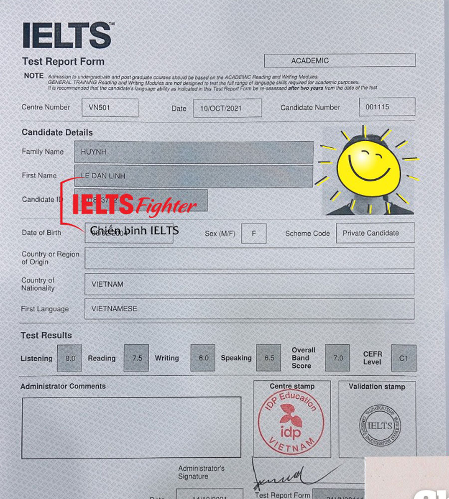 bảng điểm đan linh 7.0 IELTS
