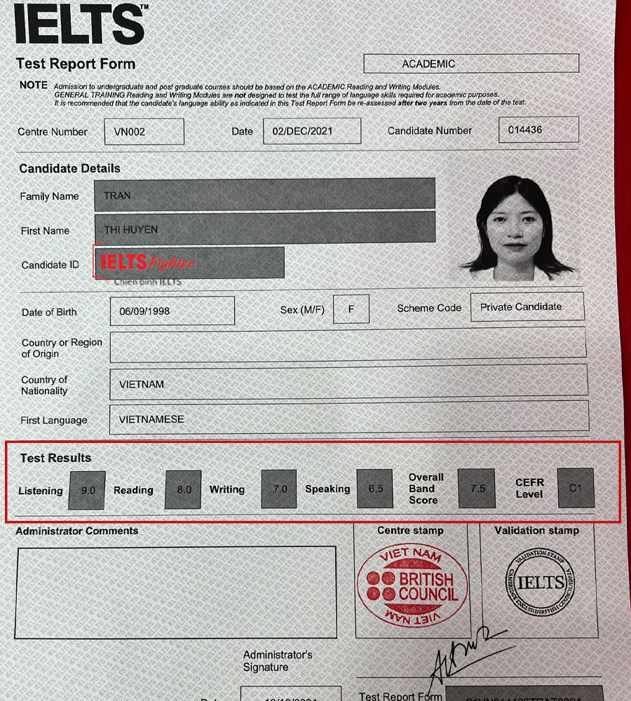 kh&aacute;nh huyền 7.5 IELTS