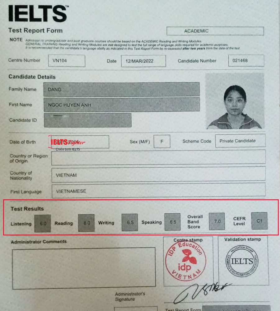 học vi&ecirc;n IELTS Fighter Bắc Ninh - bảng điểm Huyền anh 7.0 IELTS