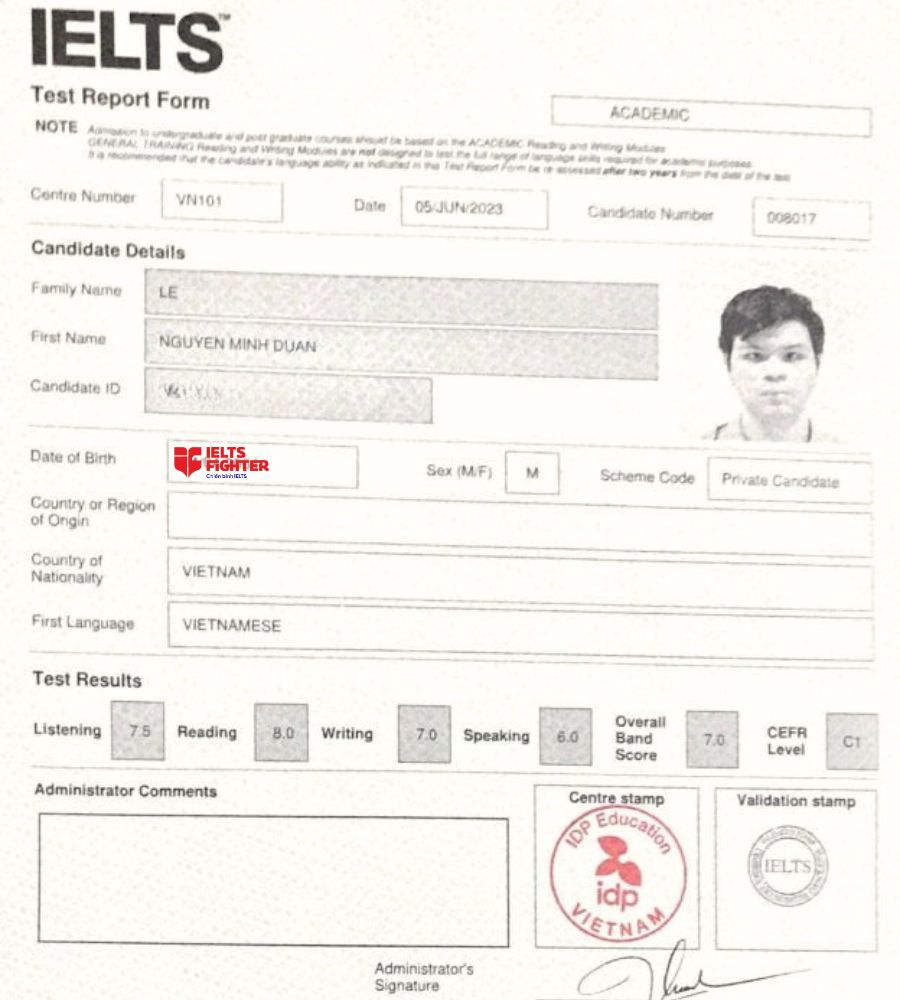 Bảng điểm ấn tượng của học vi&ecirc;n Minh Duẫn cơ sở IF B&agrave; Hom