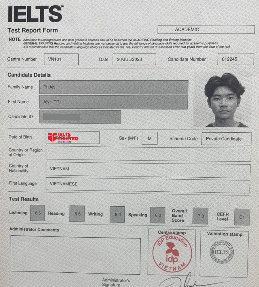 chứng chỉ 7.0 Overall của học vi&ecirc;n Anh Tr&iacute; cơ sở IF B&agrave; Hom