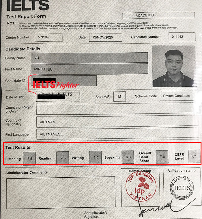 Bảng điểm Minh hiếu - người đi làm học IELTS