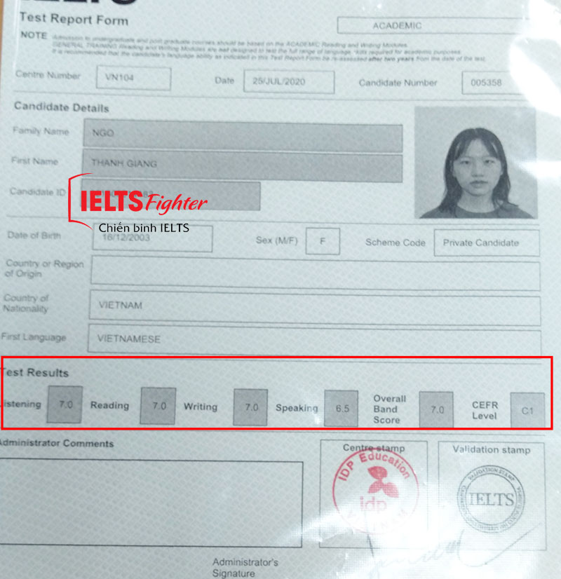Bảng điểm Thanh Giang 7.0 IELTS
