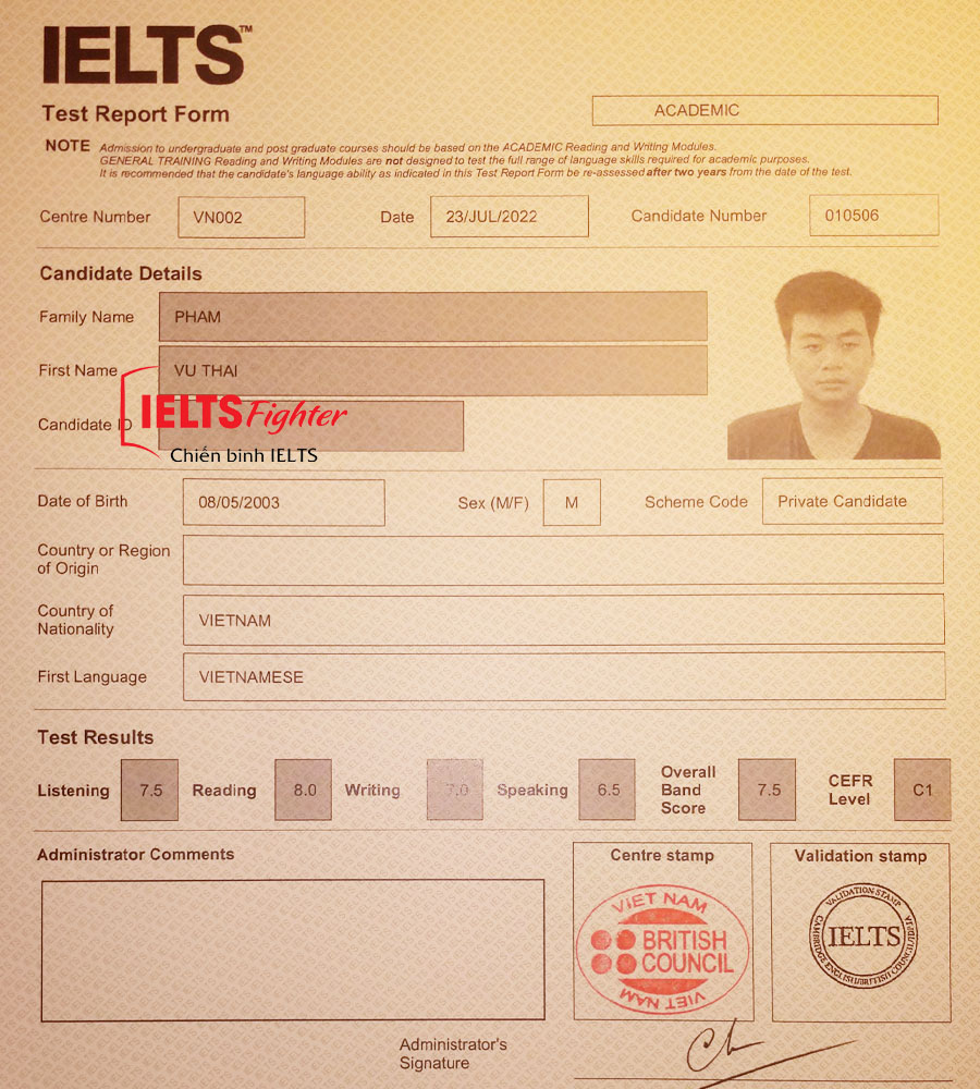 vũ th&aacute;i 7.5 IELTS bảng điểm