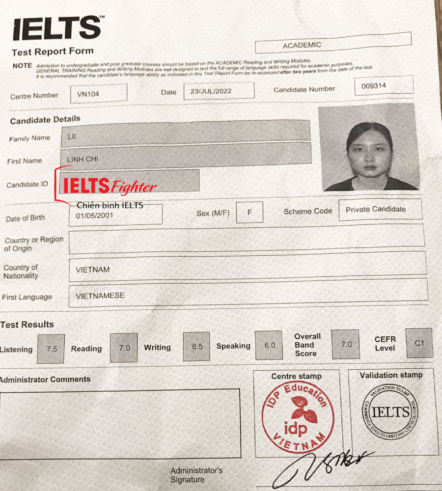 Linh chi 7.0 IELTS bảng điểm