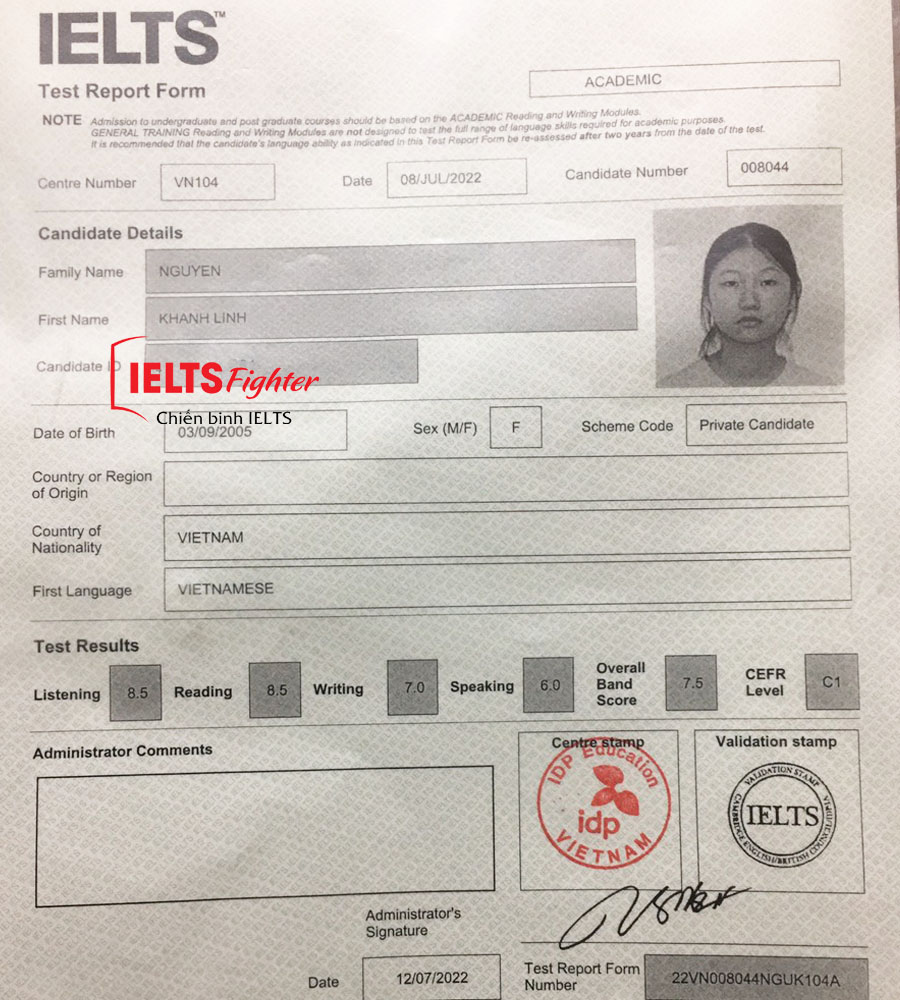 kh&aacute;nh linh 7.5 IELTS
