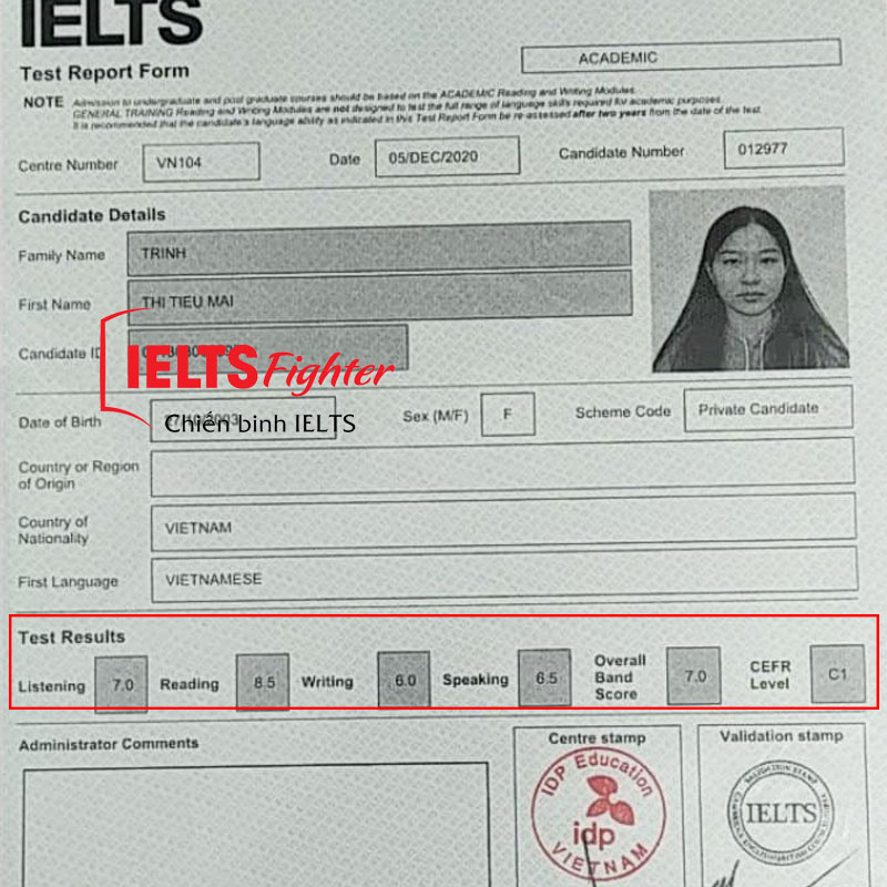 Học IELTS từ con số 0 đến 7.0 IELTS - Tiểu Mai bảng điểm
