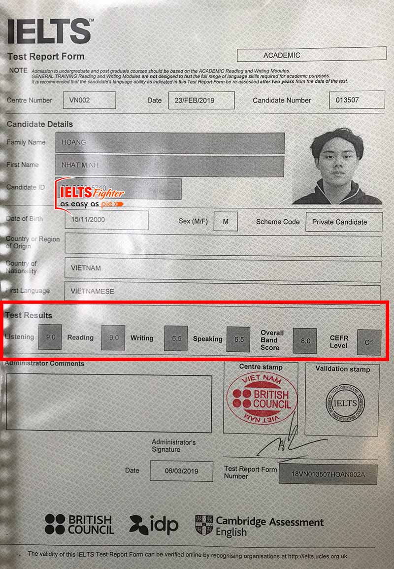 Bảng điểm học viên NHật Minh - 8.0 IELTS