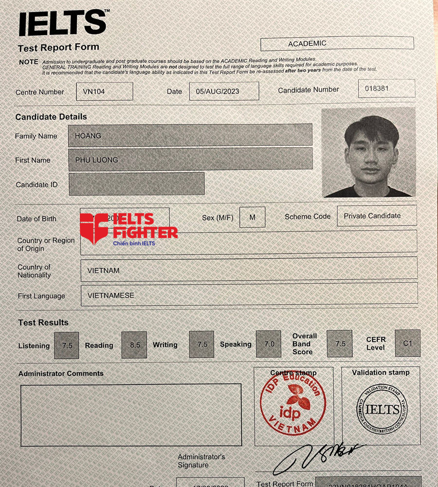 bảng điểm Ph&uacute; Lương 7.5 IELTS
