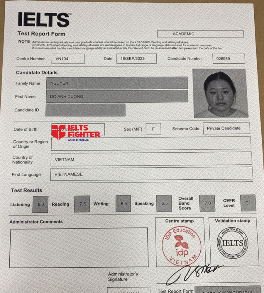 bảng điểm &Aacute;nh dương 7.0 IELTS