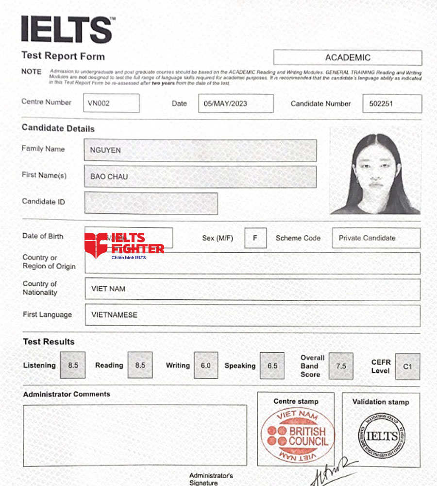 Bảng điểm bảo ch&acirc;u 7.5 IELTS