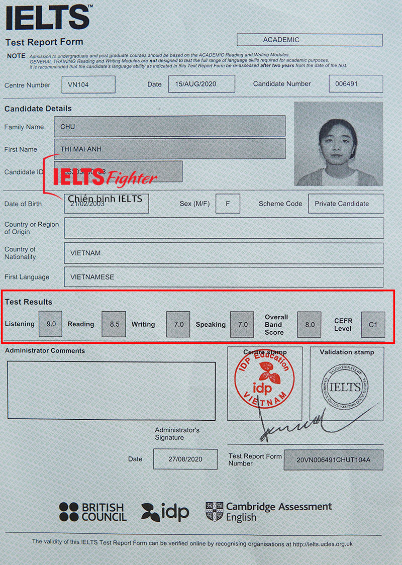 Bảng điểm IELTS 