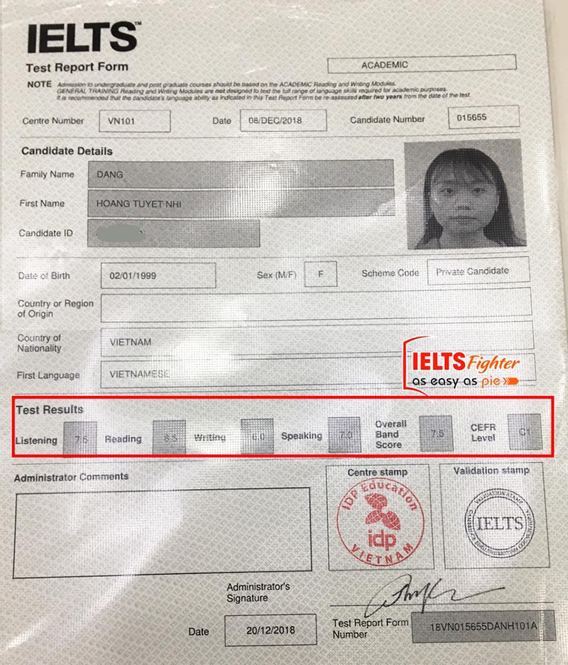 Bảng điểm học viên Tuyết Nhi