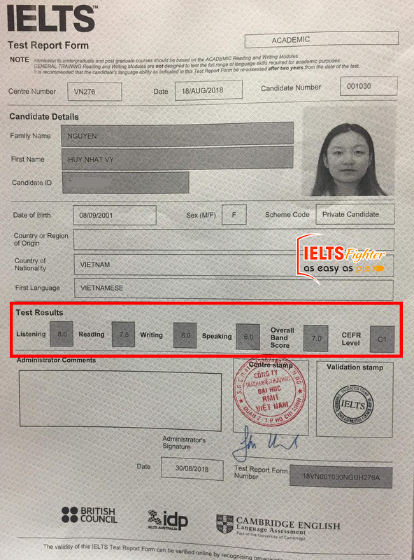 Bảng điểm 7.0 IELTS của nhật vy