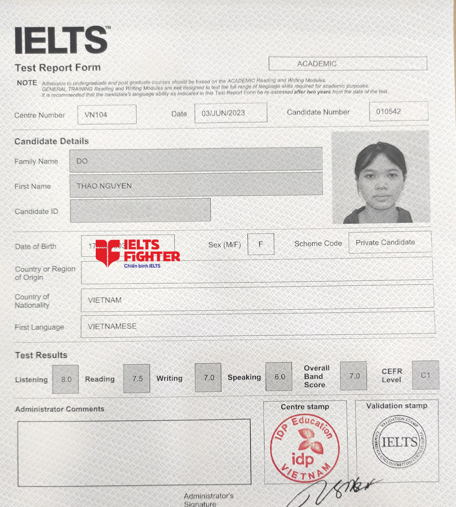 bảng điểm thảo nguy&ecirc;n 7.5 IELTS