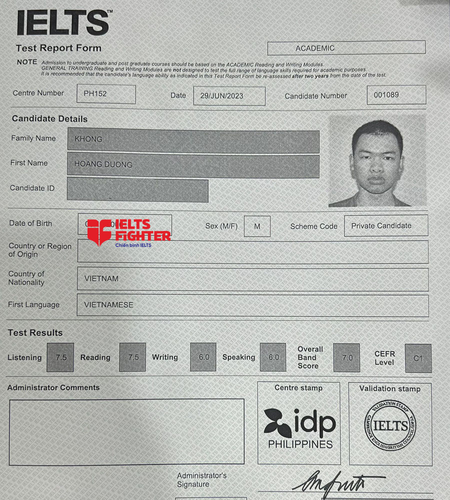 bảng điểm ho&agrave;ng dương 7.0 ielts
