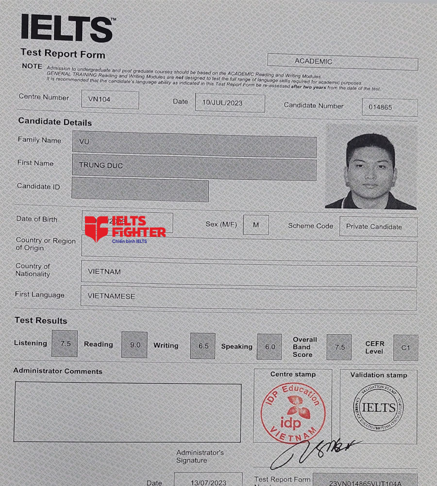 bảng điểm trung đức 7.5 IELTS
