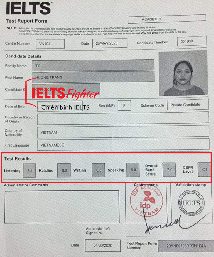 Bảng điểm Hương Trang 1