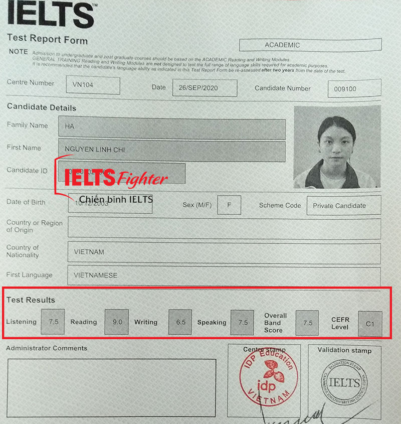 Bảng điểm Linh chi 7.5 IELTS - 1