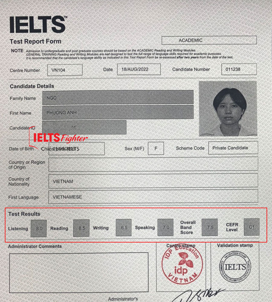 bảng điểm phương anh 7.5 IELTS